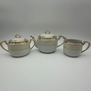 Antique Nippon Hand Painted Tea Set Gold Moriage Floral Teapot Sugar Creamer 3pc